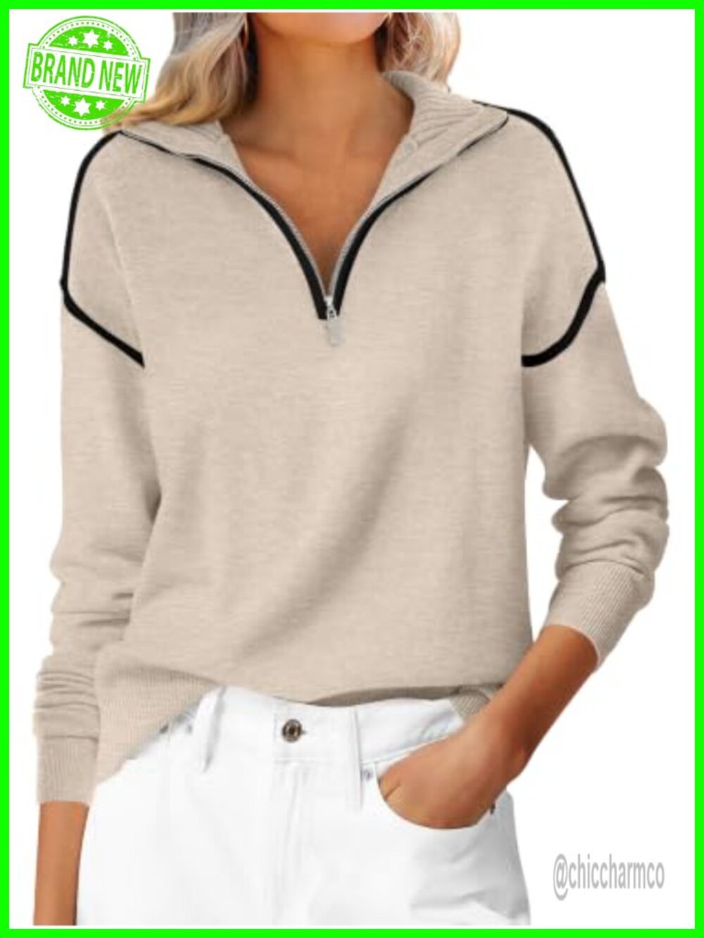 Women's Quarter Zip Pullover Sweater Loose Fit Knit V Neck Collared